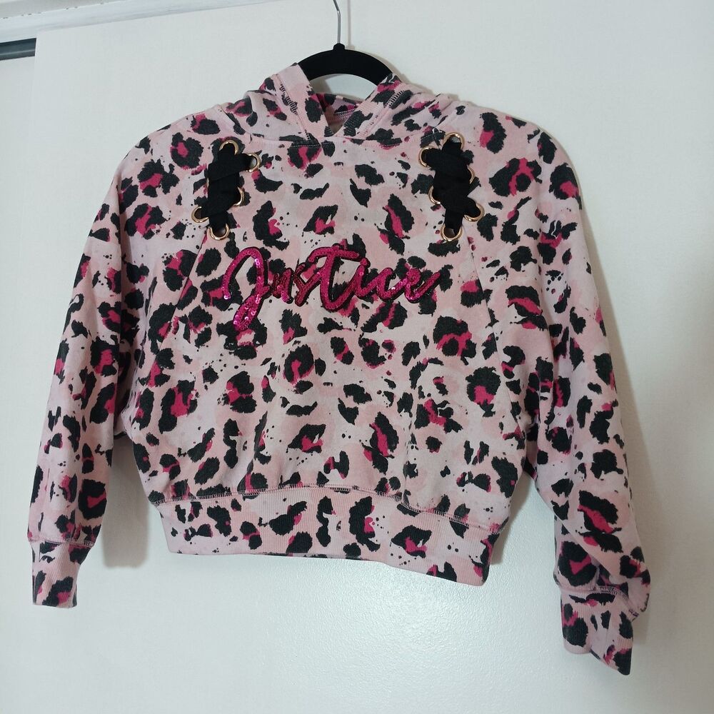Justice Y2K Cheetah Print Girl S (7-8) Pullover Hoodie Lace Sequin Revival Bimbo